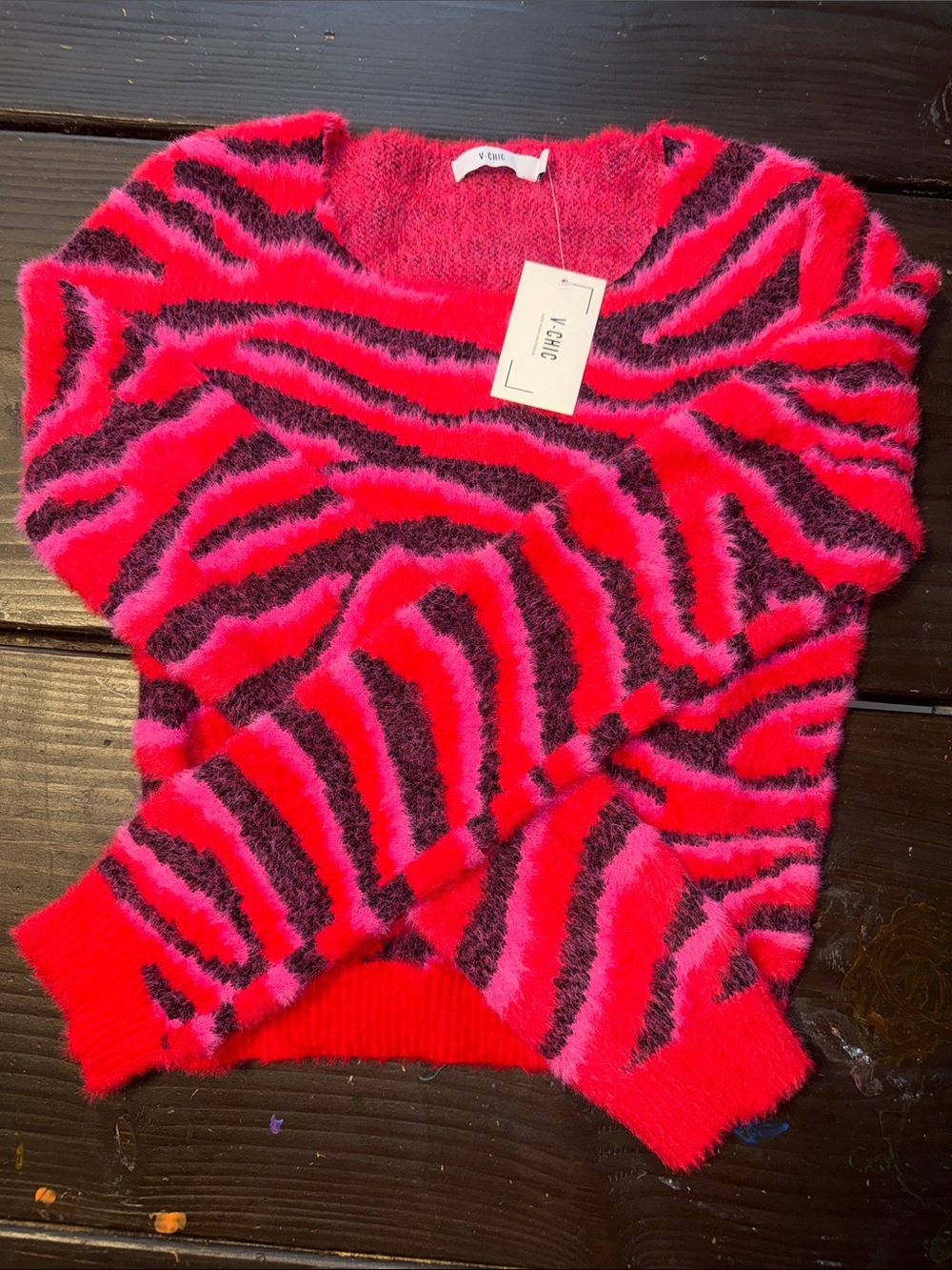 chic Neon Pink & Black Zebra-Stripe Fuzzy Crewneck Sweater